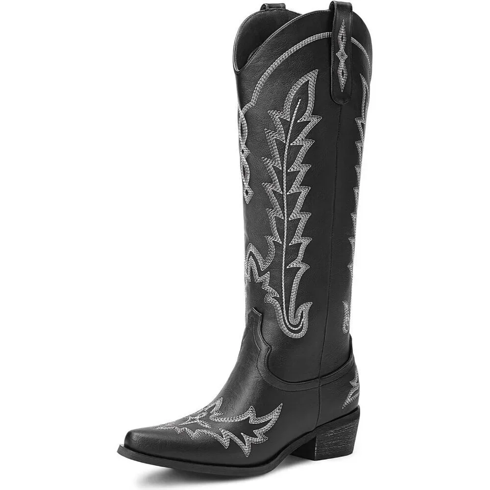 Women's Black Knee High Pointed Toe Chunky Heel Pull On Zipper Cowboy Boots